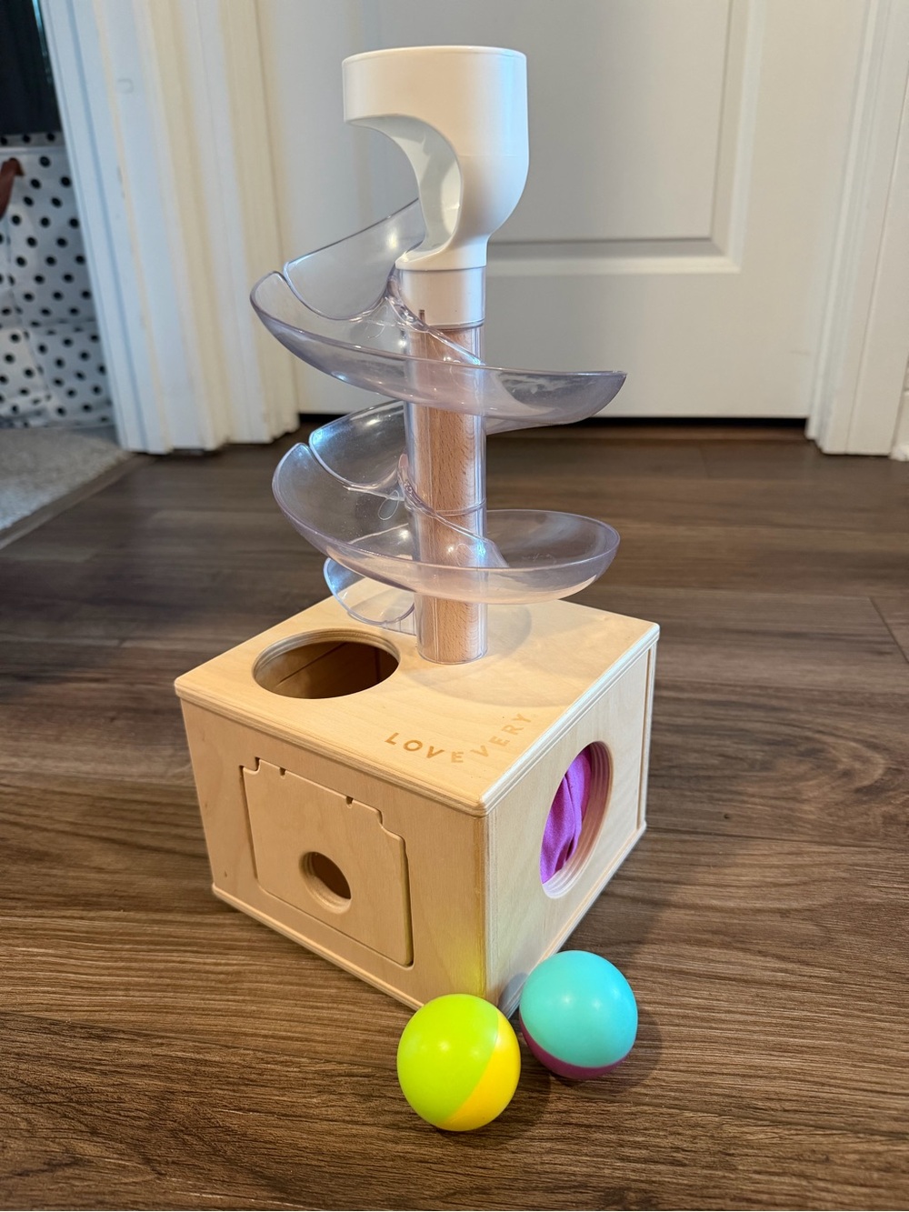 Lovevery Wooden Ball Drop Spiral Tower - Natural with Clear Spiral
